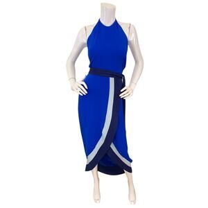 DHELA Blue Silk Halter Faux Wrap Midi Dress Tie Waist Size UK 6 US 2